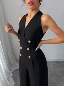 Tuta elegante estiva da donna, di colore tinta unita, senza maniche, con chiusura con chiusura lampo e bottoni, tuta casual larga, adatta per l'uso quotidiano