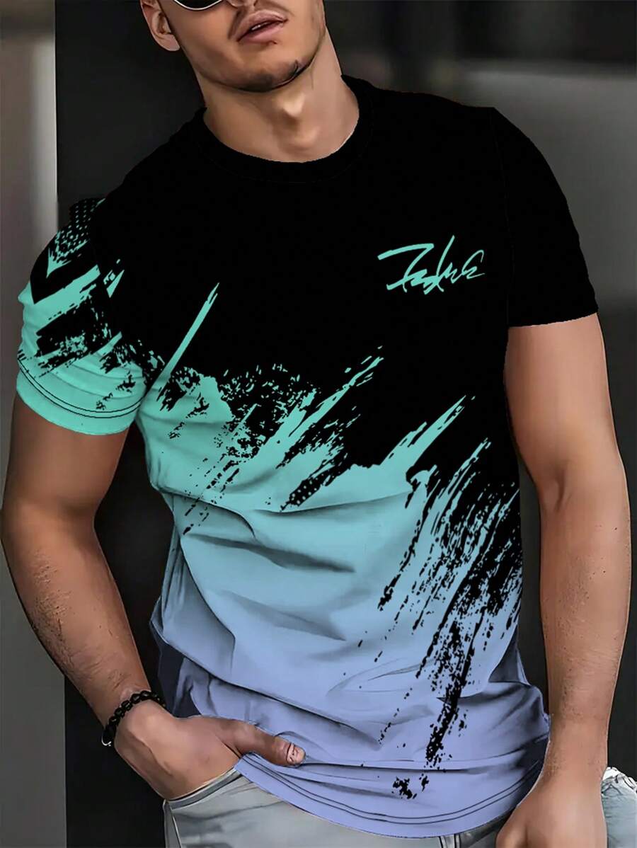 Camiseta gráfica de manga corta casual de verano para exteriores con bloqueo de color negro y blanco en 3D (Medio Oriente)
