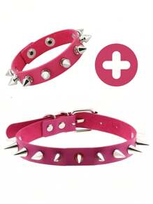 2pcs/Set Punk Rock Spiked Choker Collar And Bracelet Set, PU Leather Necklace And Cuff Accessories For Unisex, Suitable For Daily Wear, Festivals And Parties