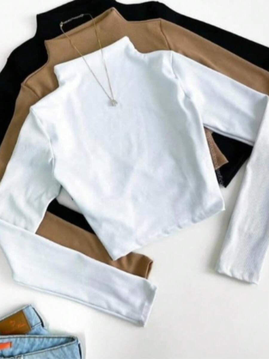 Women's Long Sleeve Ribbed Blouse Simple Cropped Fabric - màu đen - Xem 1