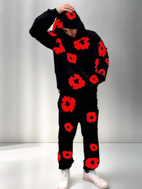 Conjunto Denim Moletom&Calça Floral Vermelho Denim Estilo Europeu    Floral  Inverno    Bolso  Cordão