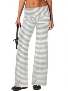Women Y2k Palazzo Yoga Pants Fold Over Flare Leggings Low Rise Solid Color Stretch Casual Wide Leg Pants Comfy Lounge Pants Bootcut Bell Bottoms Baggy Sweatpants Streetwear - Bụi tím - Xem 1