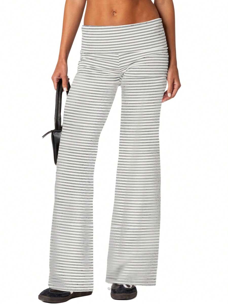 Women Y2k Palazzo Yoga Pants Fold Over Flare Leggings Low Rise Solid Color Stretch Casual Wide Leg Pants Comfy Lounge Pants Bootcut Bell Bottoms Baggy Sweatpants Streetwear - Bụi tím - Xem 1