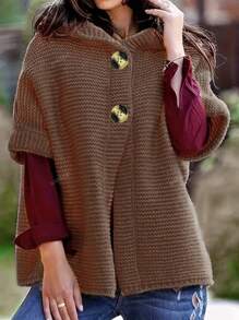 Plus Size Women's Casual Solid Color Hooded Knitted Cardigan Sweater, Versatile Elegant Mature Everyday Wear, European & American Style