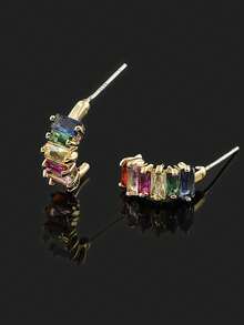 1pair Multiple Colors Cubic Zirconia Clip On Cuff Earrings For Women Non-Pierced Stud Earrings Daily Wear Jewelry Gifts - Multicolor - View 12