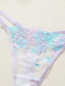1 Set Of Front Button Transparent Romantic - French Flower Embroidery Sexy Lingerie - Purple - View 5