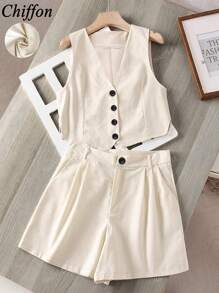 Set di giacca monopetto in chiffon senza maniche e pantaloncini casual estivi da donna per vacanze
