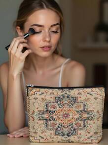 1pc Bohemian Style Linen Printed Cosmetic Bag, Cute Travel Makeup Case & Multipurpose Coin Purse, Lightweight Gift Essential For Women,For Holiday Beach, Bathroom Collection, Bedroom Collection, Large Capacity