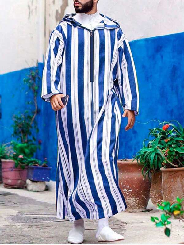Middle Eastern Style Long Sleeve Striped Print Men's Robe