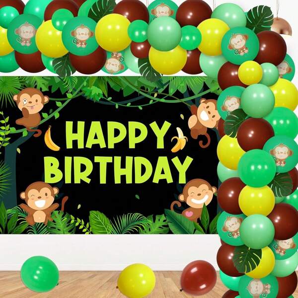 74 piezas Decoración de fiesta de cumpleaños de Mono - Kit de arco de guirnalda de globos de la jungla con fondo de feliz cumpleaños, globos de lámina de mono y plátano, hojas de palma tropicales artificiales para suministros de fiesta de cumpleaños