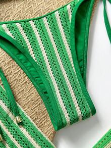 3pcs Women Crochet Bikini Set, Pants Beach Cover Up, European Style Swimwear, Suitable For Women Summer Vacation, Easter, Festivals, Outings, Date Nights, All Women Clothing, Autumn - Green - View 5