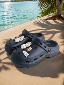 4厘米增高男士透气防水套脚凉鞋，轻便舒适，适合室内/沙滩/户外穿着，男女通用卡通DIY装饰镂空拖鞋 - 黑色 - 查看 5