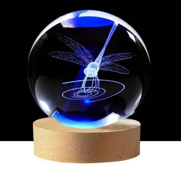 1pc 3D Laser-Engraved Butterfly And Dragonfly Crystal Ball With A Glowing Wooden Base Is Perfect For Mother's Day, Valentine's Day, Easter, And Is Also An Ideal Gift For Classmates Or Friends On Any Occasion. It Is A Decorative Lamp For Rooms And Desks.