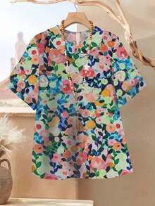 Floral Print All-Over Design Women Polyester Chiffon Slit Blouse - Baby Pink - View 2