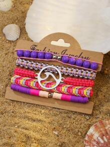 4 szt./5 szt. Bohemian Zinc Alloy Resin Shell & Faux Pearl CCB Ocean Elements Palm Tree, Wave, Turtle, Sunflower, Lucky Clover Tassel Handmade Woven Bracelet Set, Odpowiedni dla kobiet, do codziennego noszenia, letni prezent na wakacje na plaży