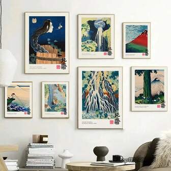 1pc 3PCSWall Arts Posters Optional FrameVintage The Great Wave Katsushika Hokusai Poster Waterfall Canvas Painting Print Japan Exhibition Wall Art Picture Home Decor ,Wall Art With Frame