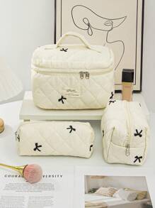 1Pc Bow Embroidered Cosmetic Bag Fashionable Large Capacity Quilted Makeup Bag Sets Travel Cosmetic Bag With Handle Lightweight Fluffy Filling Toiletries Bag For Travel Storage,Daily Use