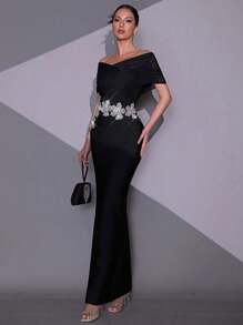 New Black Handmade Beaded & Rhinestone 3D Floral Off-Shoulder Fitted Long Bandage Dress, Elegant For Wedding Guest, Holiday Party, Formal Evening Gown