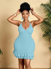BIUBIU Vestido envolvente de cadera estrecha, de unicolor, sexy y de cuello halter bajo, talla grande, para mujer. Un básico para los viajes a Hawái, adecuado para citas de vacaciones