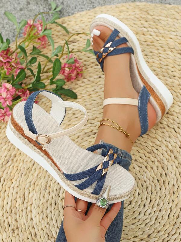 Women's Fashion New Wedge Woven Bottom Sandals, Women's Strap Design Thick Bottom Ankle Strap Casual Shoes, Versatile Summer Footwear