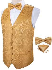 Mens Waistcoat Bowtie Hanky Cufflinks Paisley Vest Wedding Prom - Gold - View 1