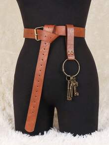 2Pcs Brown PU Leather Medieval Belt With Key Pendant For Renaissance Viking Period Belt Keychain Cosplay Props Halloween - Brown - View 11