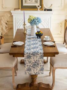 1 Peça Caminho de Mesa Retangular Estilo Boêmio com Padrão Floral Azul Vintage, Decoração de Tapete Lavável para Aparador, Buffet, Adequado para Festas, Piqueniques, Feriados, Interno ou Externo