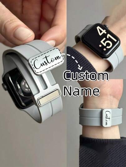 [Personalized] Custom Name Magnetic Silicone Strap Compatible With Watch Ultra 42mm 46mm 49mm Folding Buckle Type Watch Band Compatible With Watch Series 10 9 8 SE 7 6 45mm 41 40 44 42m38 Bands