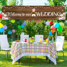 1pc Rustic Wooden Welcome To Our Wedding Banner, Polyester, Indoor & Outdoor Decor, Multi-Purpose, Festive Garden & Lawn Decoration, No Power Needed Party Banner