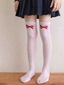 1/2/3 双春夏蝴蝶结过膝袜，舒适简约透气百搭及膝袜，儿童/学生袜 - 彩色 - 查看 7