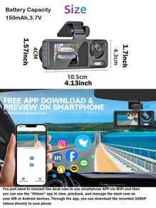 Cámara de salpicadero delantera y trasera, tarjeta SD de 64G, 3 cámaras de salpicadero 1080P para automóviles, ángulo de visión de 170°, pantalla IPS de 2", sensor G, WDR, monitor de estacionamiento - Negro