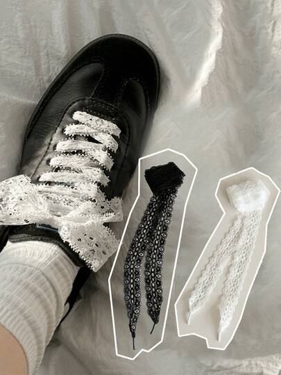 2 Pairs Black & White Lace Bowknot Hollow Shoelaces, 120cm Decorative Accessories Suitable For Sports Shoes, Casual Shoes, Flats, Canvas Shoes, Wedding Shoes & More