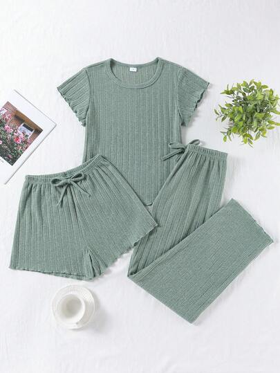 Women 3 Pieces Rib Knit Lounge Set, Including Short Sleeve Top With Drawstring Waist Shorts And Pants, Fashionable & Lightweight For Spring/Summer, Cozy Outfits, Fall Winter Clothes