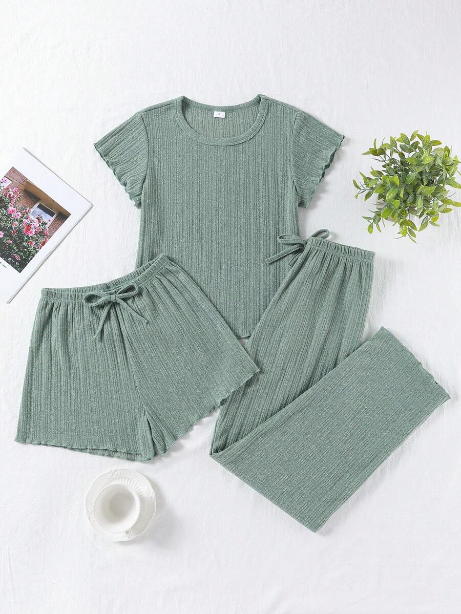 Women 3 Pieces Rib Knit Lounge Set, Including Short Sleeve Top With Drawstring Waist Shorts And Pants, Fashionable & Lightweight For Spring/Summer, Cozy Outfits, Fall Winter Clothes