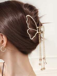1枚立體蝴蝶結金屬髮夾,連鎖流蘇和人造水晶吊墜,空心蝴蝶馬尾扣,優雅的髮型配件 - 金色 - 查看 11