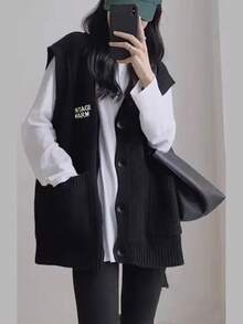 女士休闲宽松V领开衫背心，秋冬 - 黑色 - 查看 6