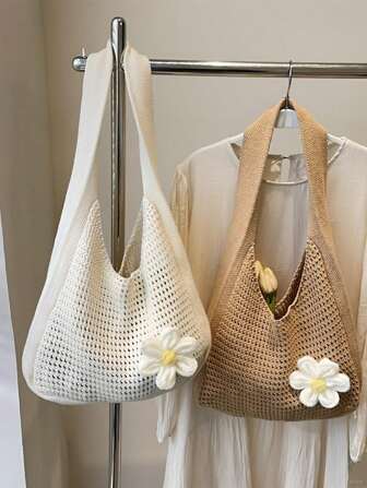 One Shoulder Woven Bag, New Vacation Casual Beach Bag, Crochet Woven Tote Handbag, Back To School Student Project Bag