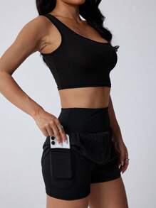 Women's Double-Layer Sports Shorts With Phone Pocket - Soft Workout Shorts, Safe And Chafe-Free, Suitable For Gym, Running And Training, Elastic Waistband, Lightweight Design, Essential For Spring/Summer/Autumn, Fitness Accessory, Sports Style, Comfortable Fit