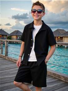 Tween Boy Lightweight Solid Color Casual Shirt Set, Spring & Summer