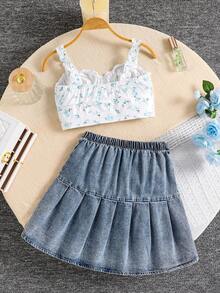 2 件套青少年女孩休闲优雅碎花荷叶边吊带上衣和牛仔迷你裙套装，夏季服装