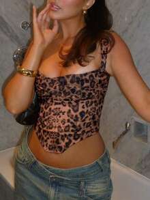 女式豹纹印花褶饰前部不对称下摆背心，春夏