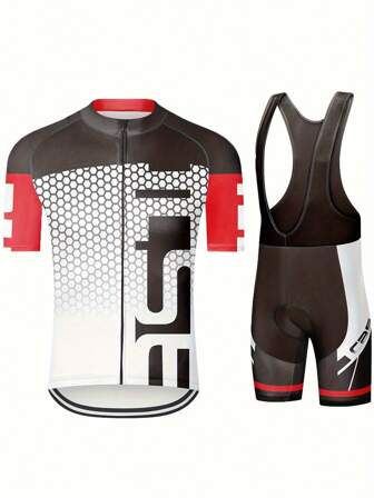 2pcs Summer Men's Cycling Jersey Set ,BIB Short Sleeve Zip-Up Cycling Jersey + Color Blocked Shorts With 9D Padded Cycling Kits