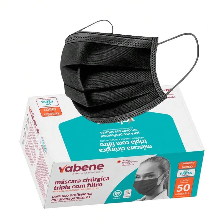 Máscara Descartável Tripla c/Elástico - Vabene - Preto - Visão 1
