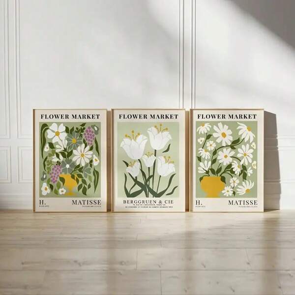 1/3pcs Floral Posters Optional Frame, Flower Market Print, Matisse Botanical Art Posters, Green And White Floral Plant Wall Arts, Printed Living Room Wall Arts, Bedroom Wall Decoration, Home Decoration ,Wall Art With Frame
