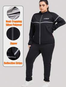 1Set Plus Size Sauna Suit For Women Sauna Jacket Pants Workout Sweat Suit Long Sleeve Zipper Top For Slimming Fitness Trainer Gym - Black - View 2