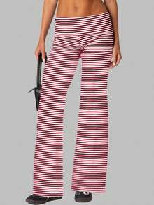 Women Y2k Palazzo Yoga Pants Fold Over Flare Leggings Low Rise Solid Color Stretch Casual Wide Leg Pants Comfy Lounge Pants Bootcut Bell Bottoms Baggy Sweatpants Streetwear - Đỏ và trắng - Xem 2
