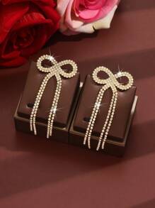 1 Paio di Eleganti Orecchini a Nappina con Fiocco Brillante, Orecchini a Perno con Cristalli Scintillanti, Accessori di Gioielleria alla Moda per Donne