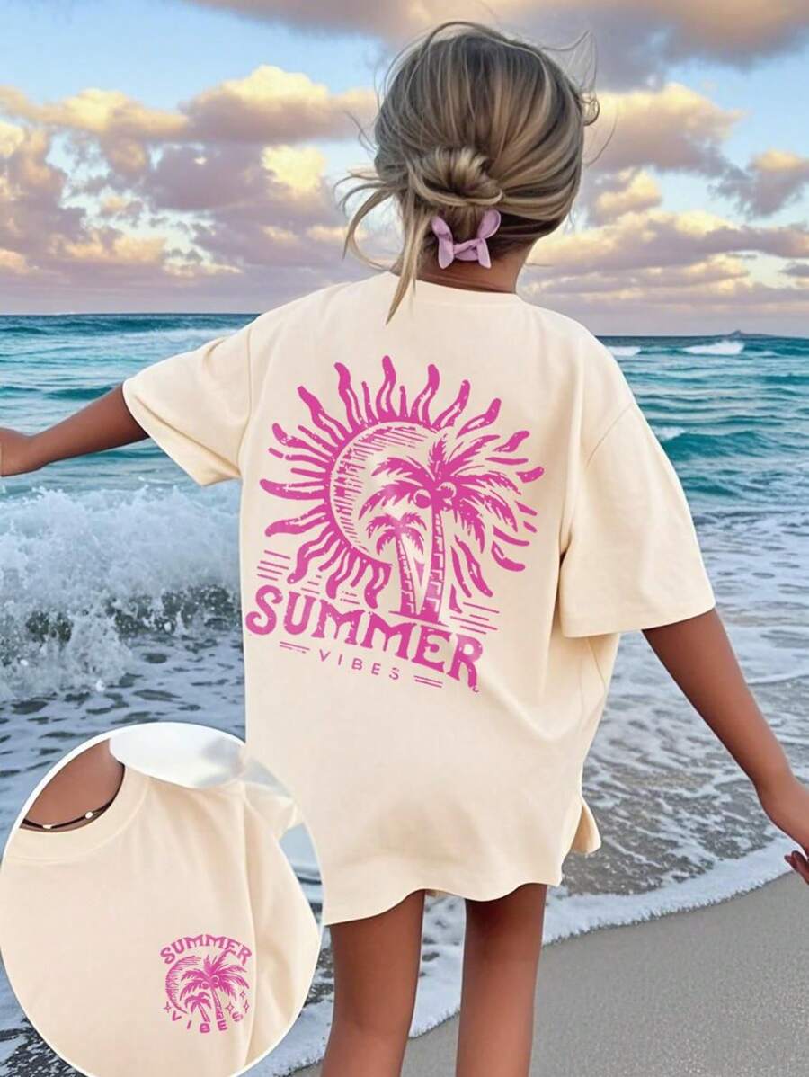 1 stuk Tween Girls bedrukte pullover abrikoos korte mouwen T-shirt, student jonge kinderen kleding, comfortabele en modieuze zomertop, meisjes zijn dol op