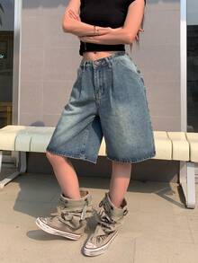 High Street Vintage Zniszczone Niebieskie 5-calowe Szorty Midi Z Zakładkami, Damskie Luźne Szerokie Nogawki Proste Szorty Jeansowe Bez Paska, Wiosna/Lato - Niebieski - Zobacz 9