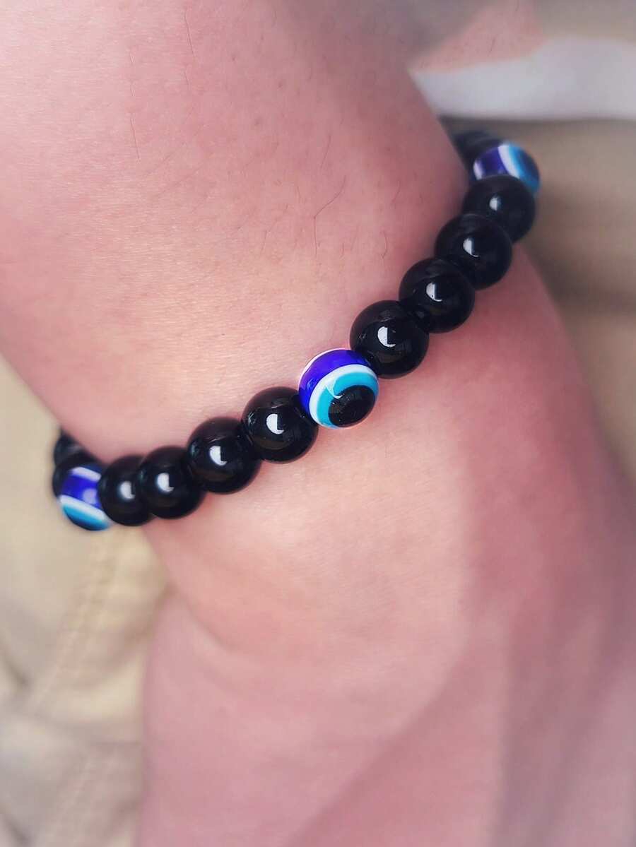 1pc Retro Evil's Eye Stretch Bracelet For Men 8mm Black Tourmaline Protection Bracelet, Emotional Balance, Positive Energy Healing Meditation Jewelry - Multicolor - View 1